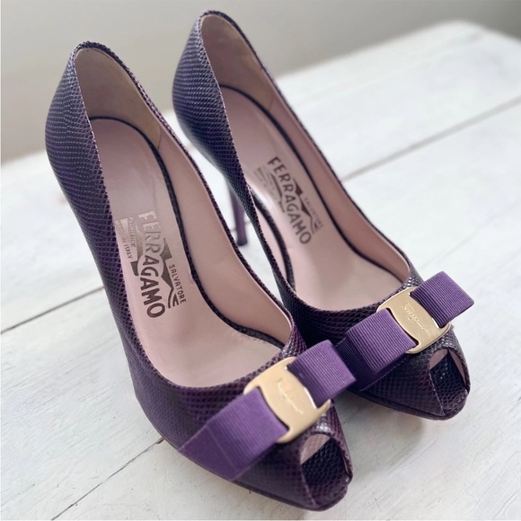 Salvatore Ferragamo Shoes - Salvatore Ferragamo Gilia Peep Toe Snake Embossed Bow Heel Size 7 Purple Gold